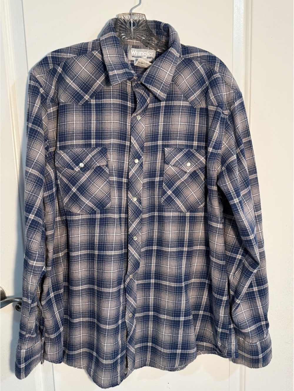 Wrangler Western Plaid Pearl Snap Shirt Mens XL Blue Gray Cotton (cl1/47)